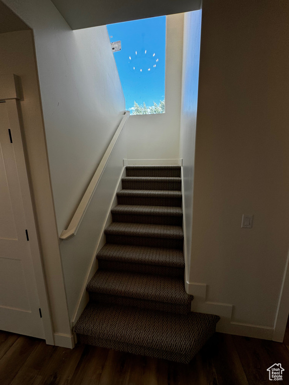 Stairs featuring hardwood / wood-style floors