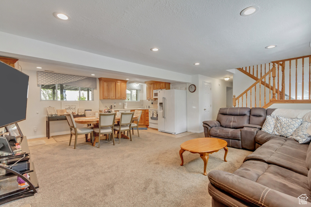 Living room featuring light colored carpet