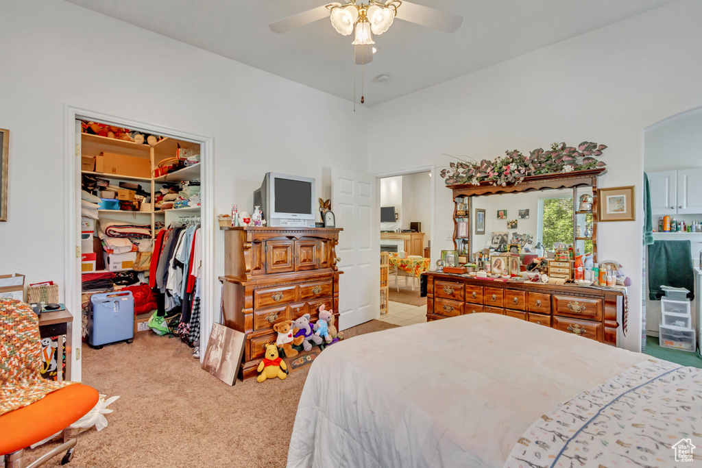 Bedroom featuring ceiling fan, a walk in closet, light colored carpet, and a closet