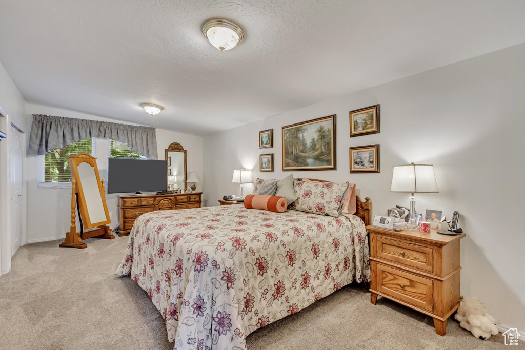 Bedroom with light colored carpet