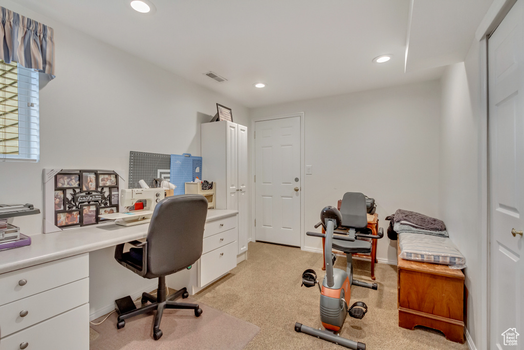 Office area featuring light carpet