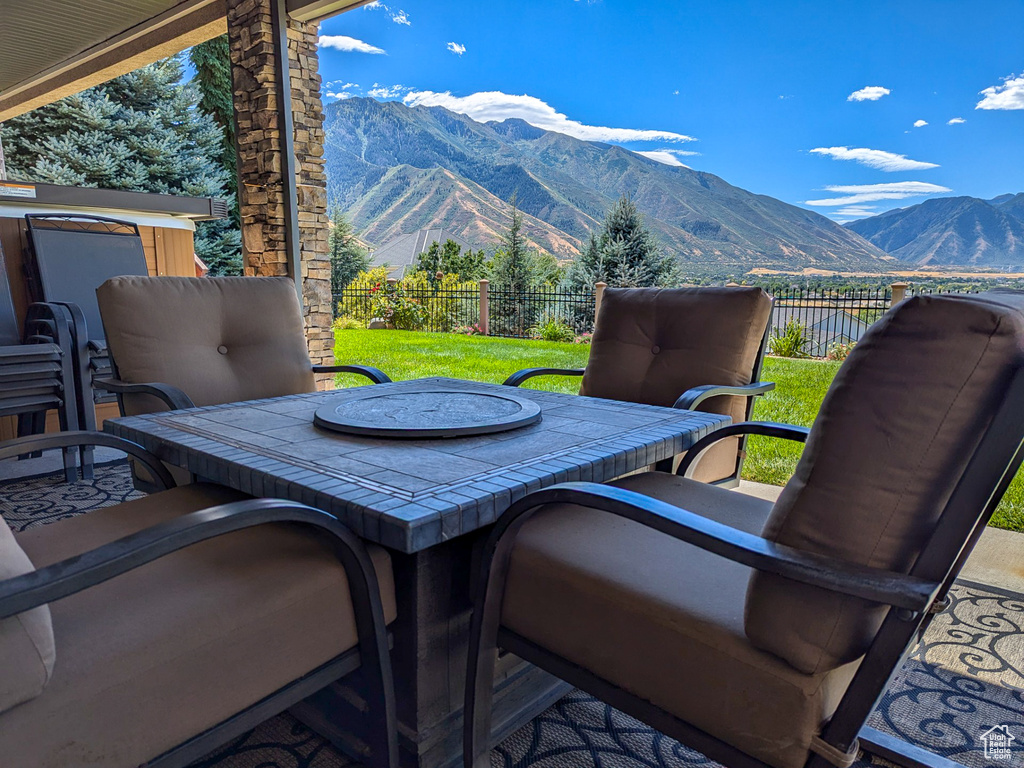 View of patio featuring a mountain view