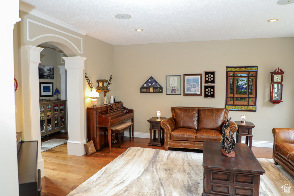 Living room featuring ornate columns and wood-type flooring