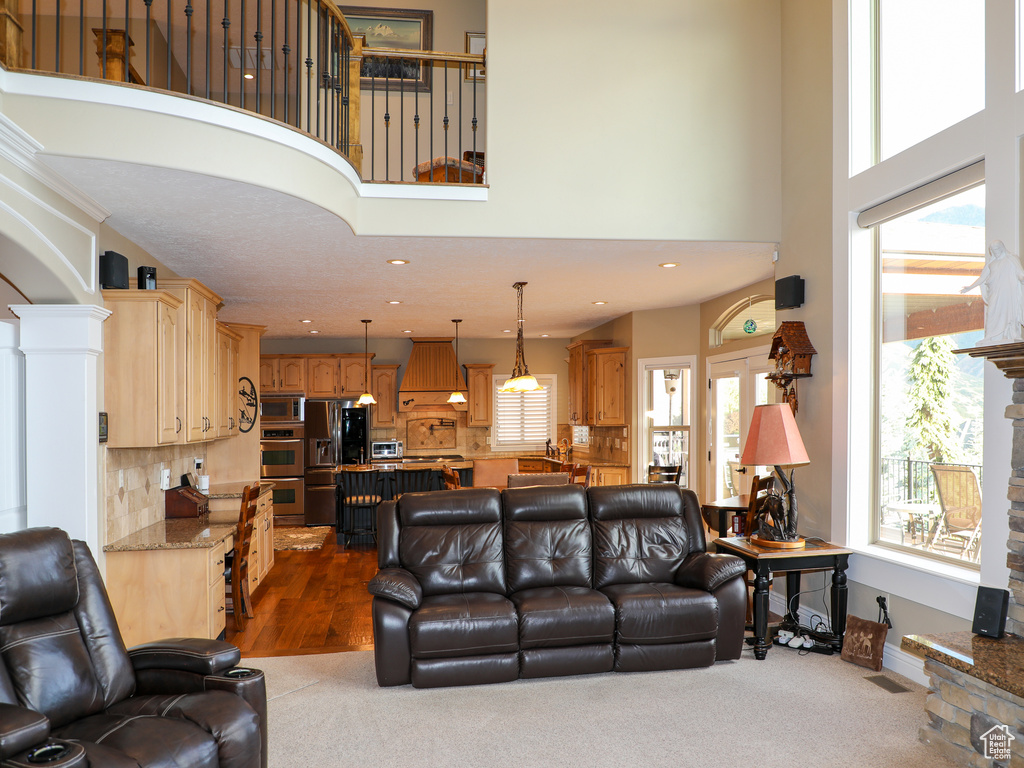 Living room with ornate columns, hardwood / wood-style floors, sink, and a towering ceiling