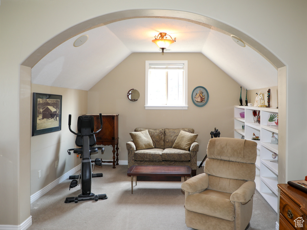 Workout room featuring carpet flooring and vaulted ceiling