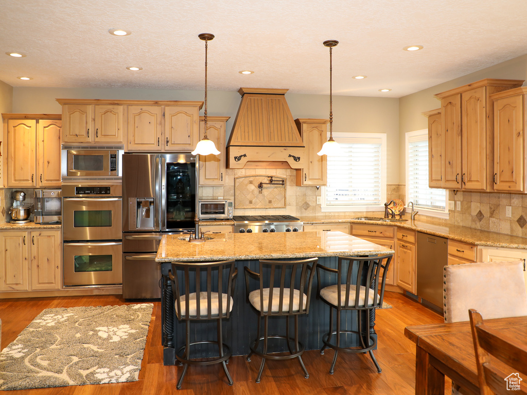 Kitchen featuring backsplash, premium range hood, dark hardwood / wood-style flooring, an island with sink, and stainless steel appliances