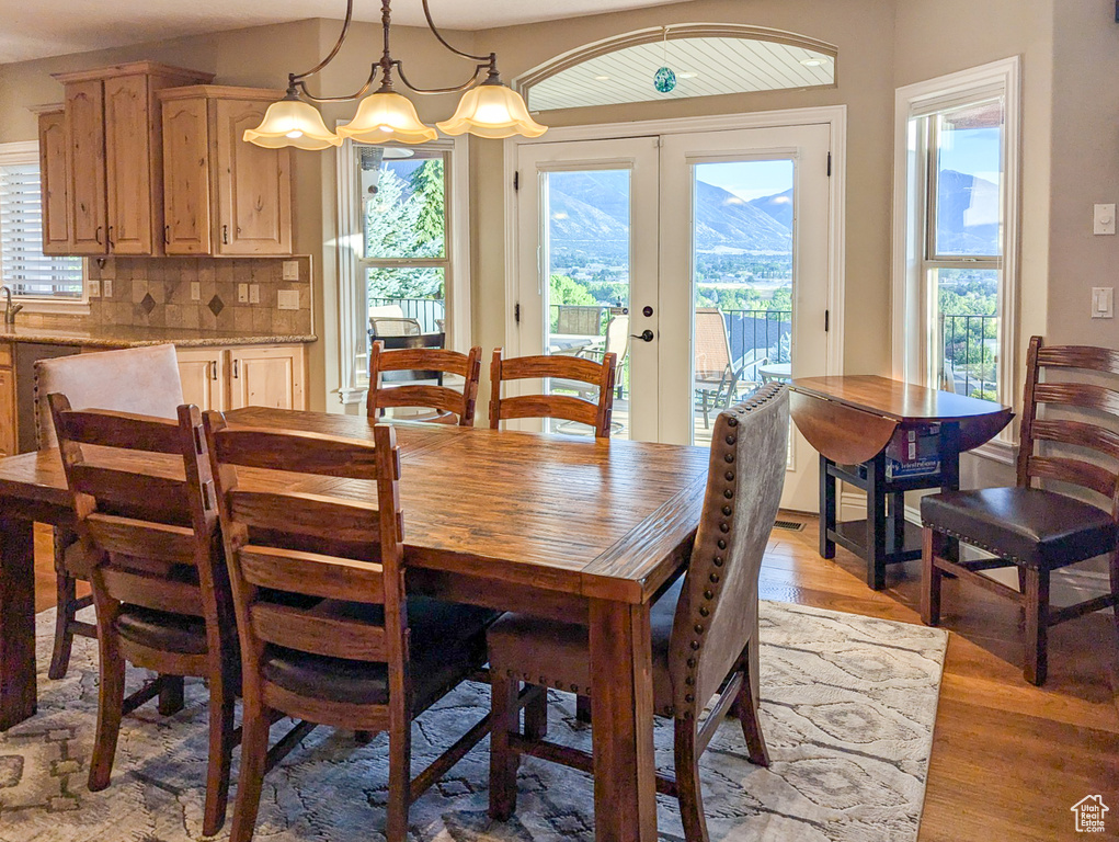 Dining space featuring plenty of natural light, french doors, and light wood-type flooring