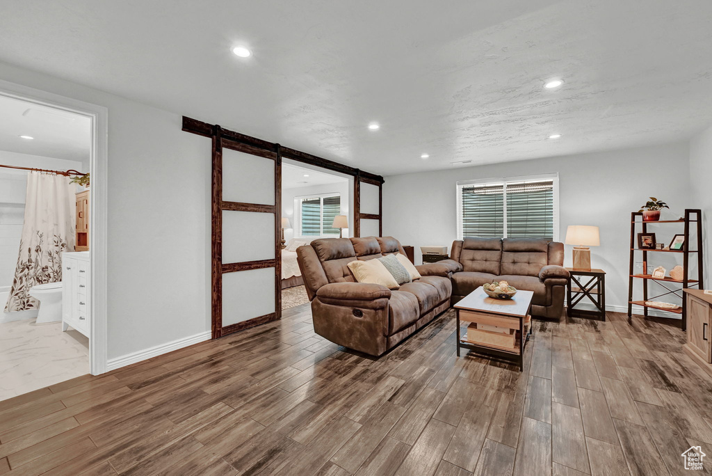 Living room featuring dark wood-type flooring and a barn door