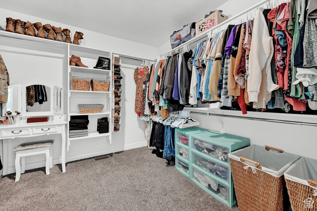 Spacious closet featuring light colored carpet