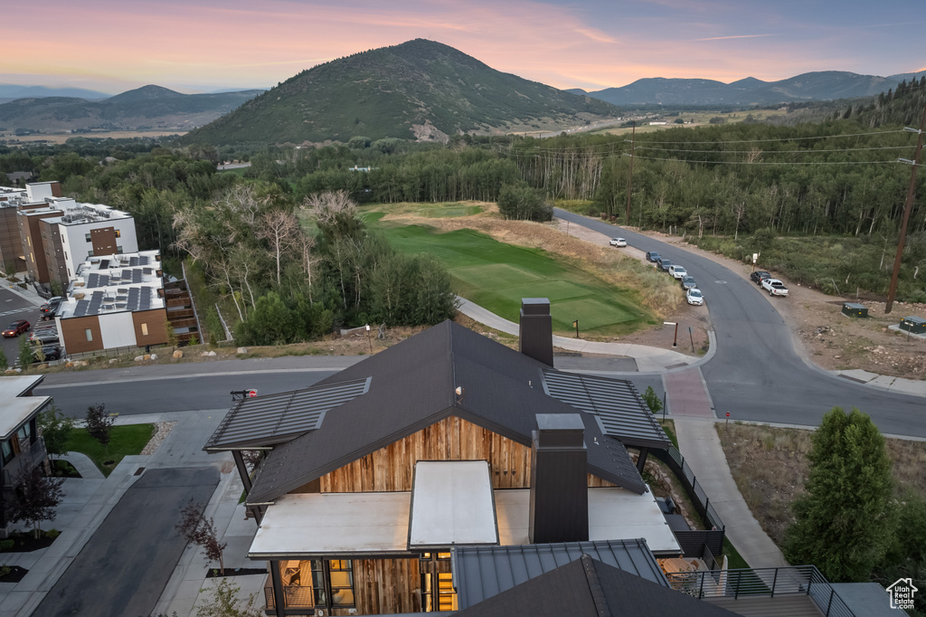 Aerial view at dusk with a mountain view