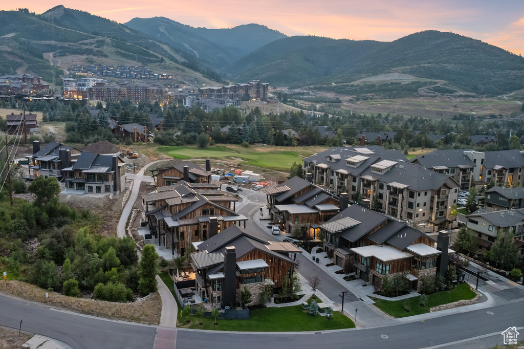 Aerial view at dusk with a mountain view