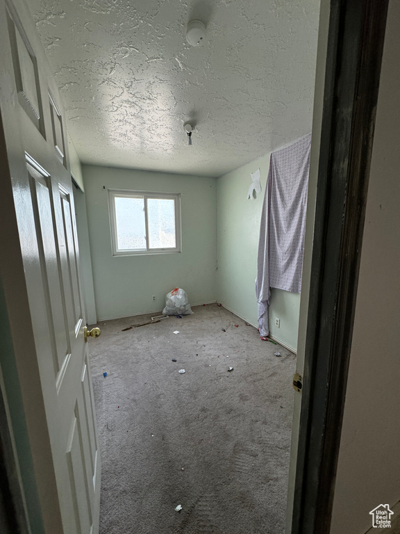Carpeted spare room featuring a textured ceiling