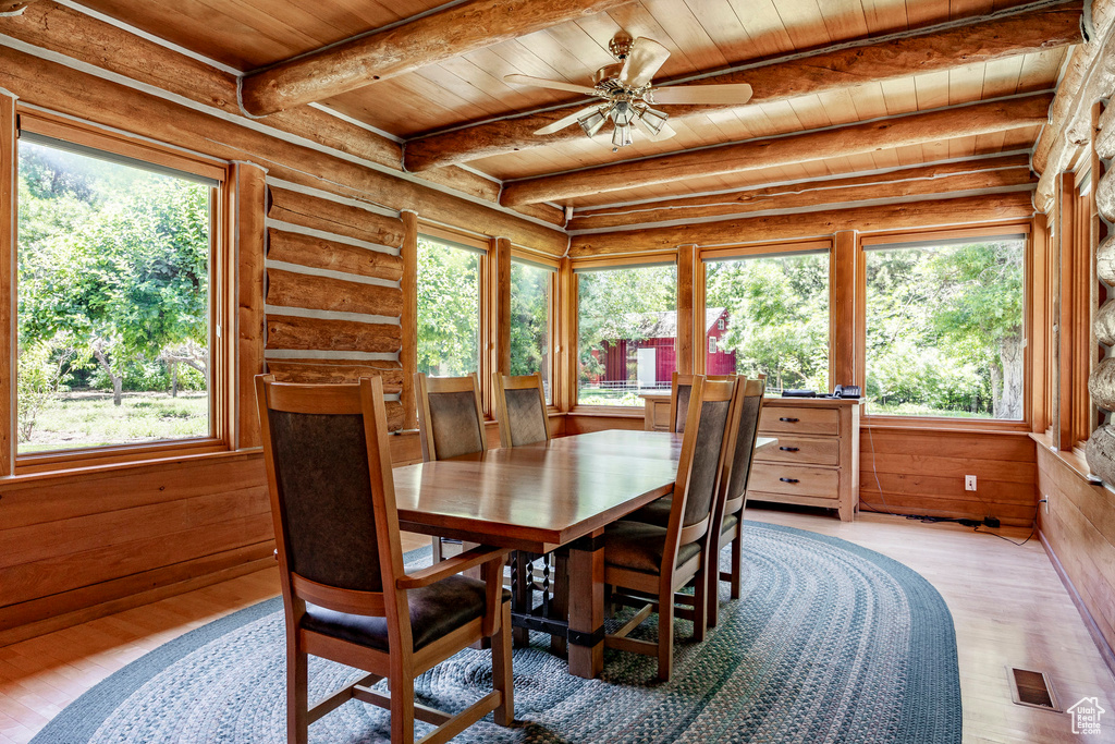 Dining area featuring light wood-type flooring, ceiling fan, a wealth of natural light, and wooden ceiling