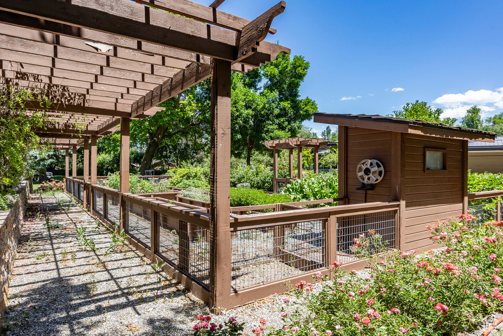 Exterior space with a pergola