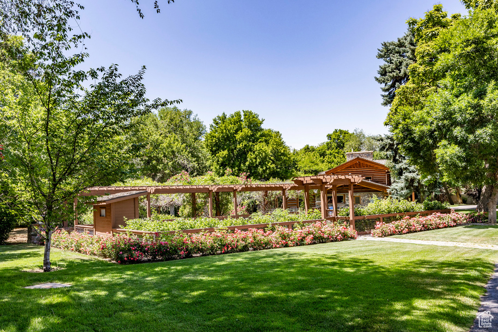 Exterior space featuring a front yard and a pergola