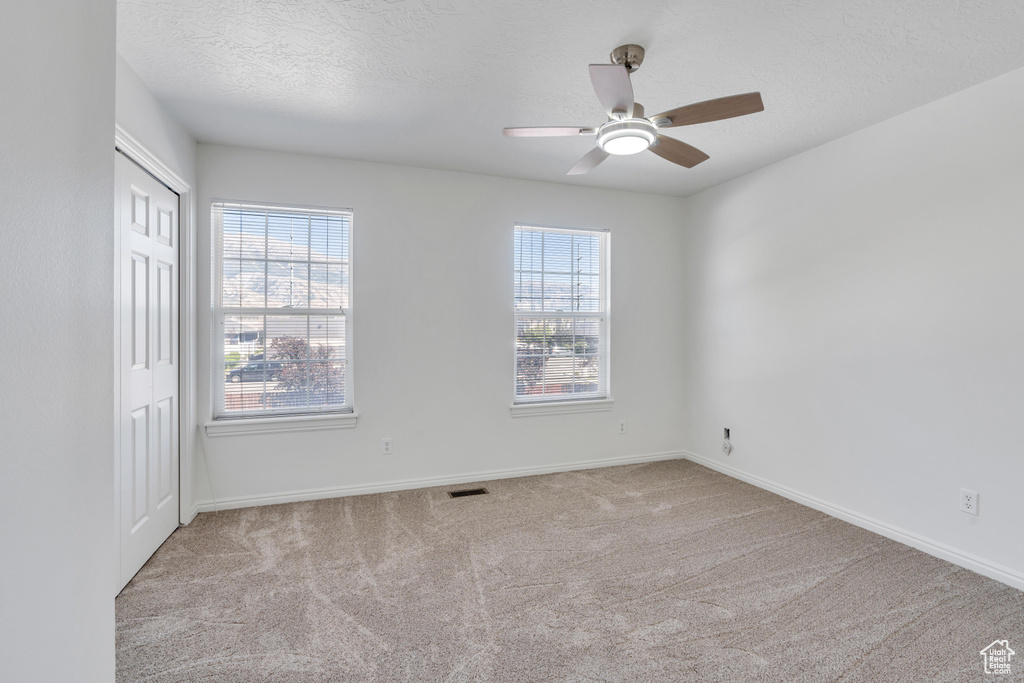 Spare room with ceiling fan and light carpet