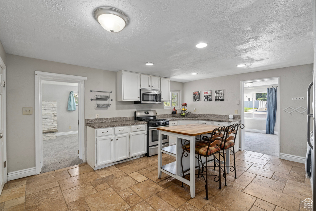 Kitchen with appliances with stainless steel finishes, white cabinets, light carpet, and a healthy amount of sunlight