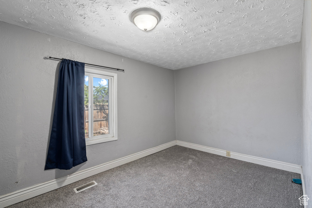 Carpeted spare room with a textured ceiling