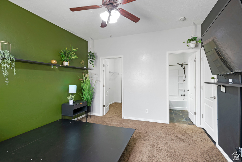 Unfurnished office featuring ceiling fan and carpet floors