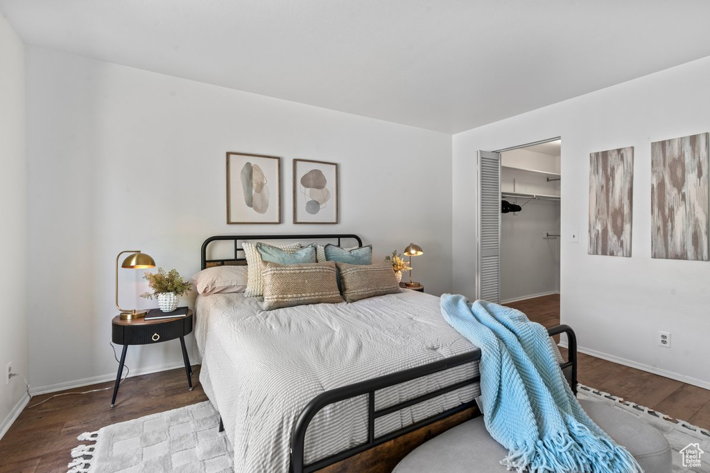 Bedroom featuring a closet, a spacious closet, and hardwood / wood-style flooring