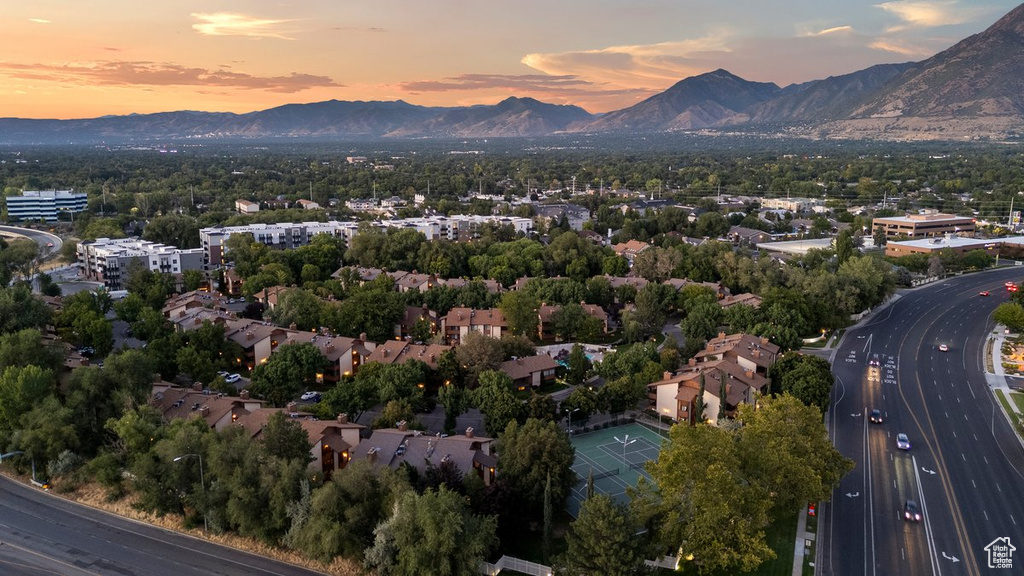 Aerial view at dusk with a mountain view