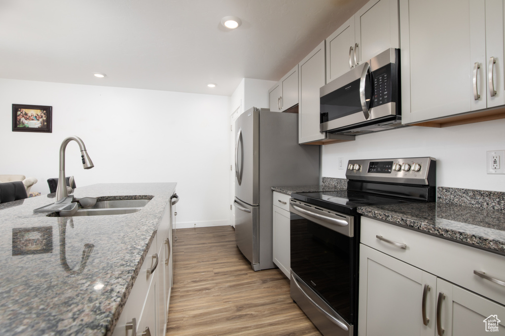 Kitchen featuring stainless steel appliances, sink, dark stone counters, and light hardwood / wood-style floors