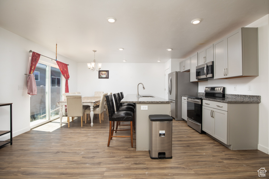 Kitchen with an inviting chandelier, stainless steel appliances, sink, wood-type flooring, and a kitchen island with sink