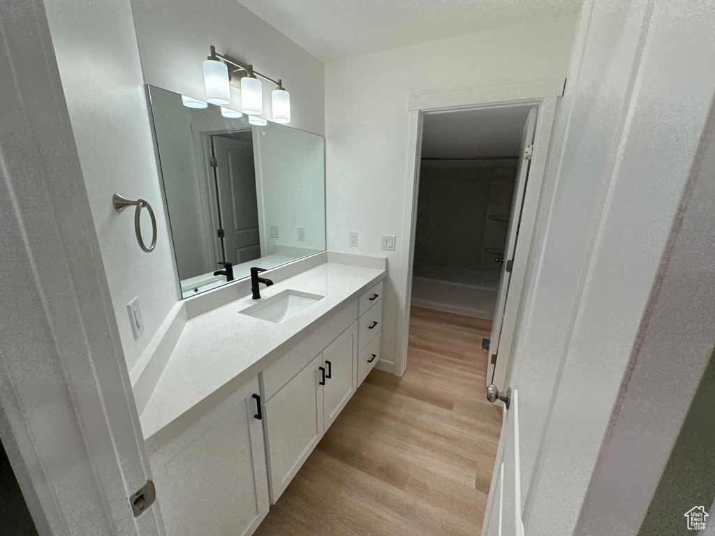 Bathroom with wood-type flooring and vanity