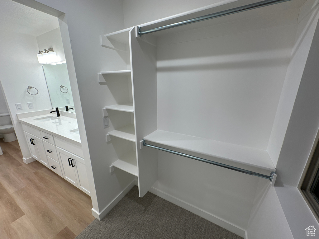 Walk in closet with light wood-type flooring and sink