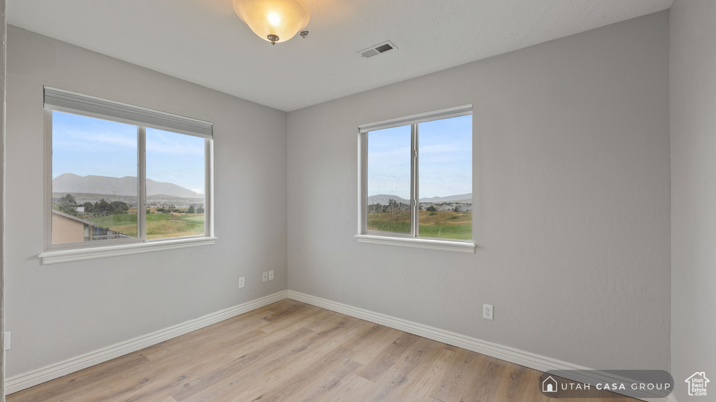 Unfurnished room with light hardwood / wood-style floors, a mountain view, and a healthy amount of sunlight