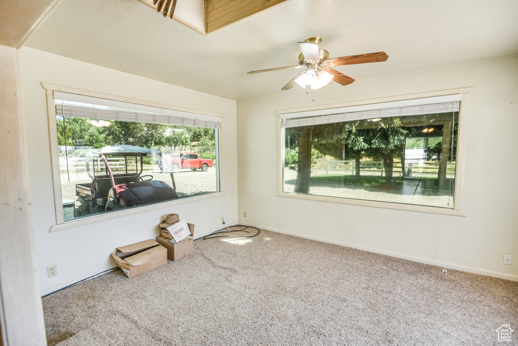 Carpeted empty room with a wealth of natural light and ceiling fan