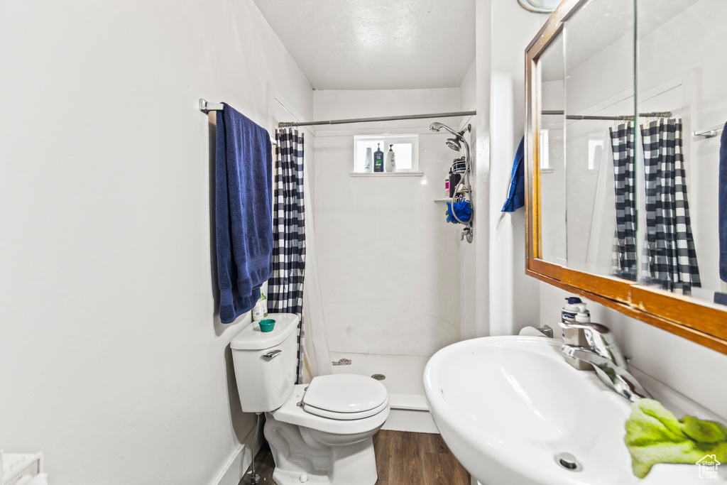 Bathroom with a shower with shower curtain, toilet, sink, and hardwood / wood-style floors