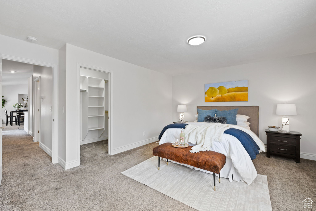 Bedroom featuring light colored carpet, a spacious closet, and a closet