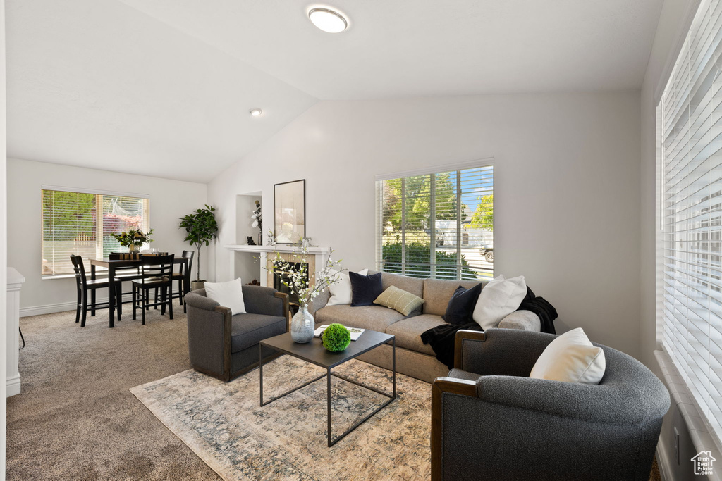 Living room featuring lofted ceiling and carpet floors