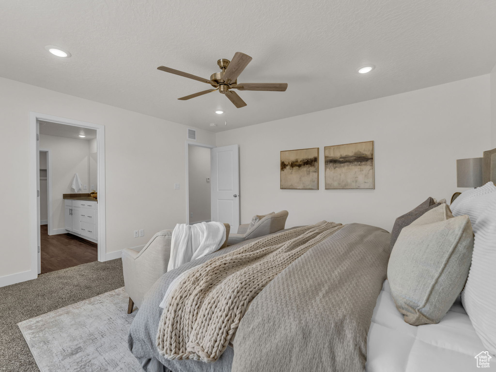 Bedroom with carpet, recessed lighting, baseboards, a ceiling fan, and connected bathroom