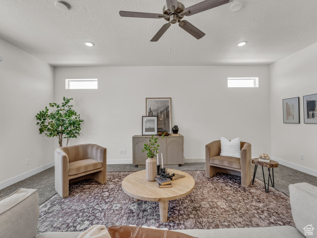 Living area featuring carpet flooring, a ceiling fan, plenty of natural light, recessed lighting, and a textured ceiling