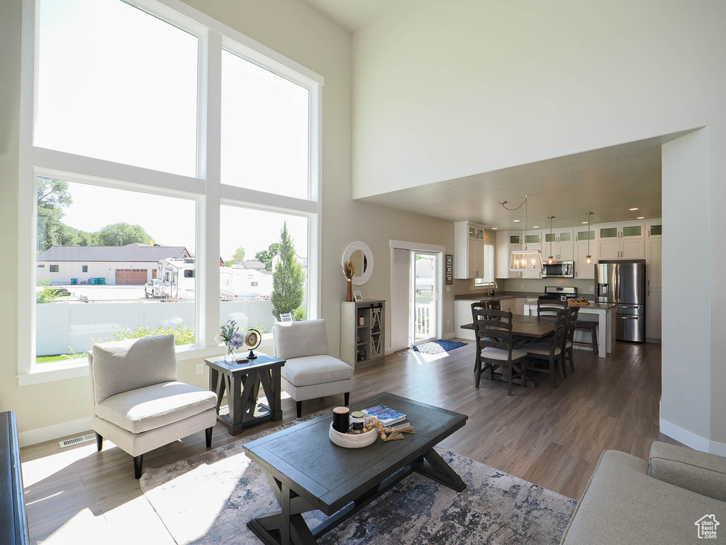 Living room with a healthy amount of sunlight, a towering ceiling, and hardwood / wood-style flooring