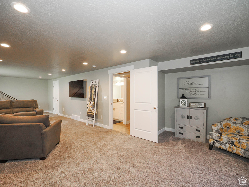 Carpeted living room with a textured ceiling