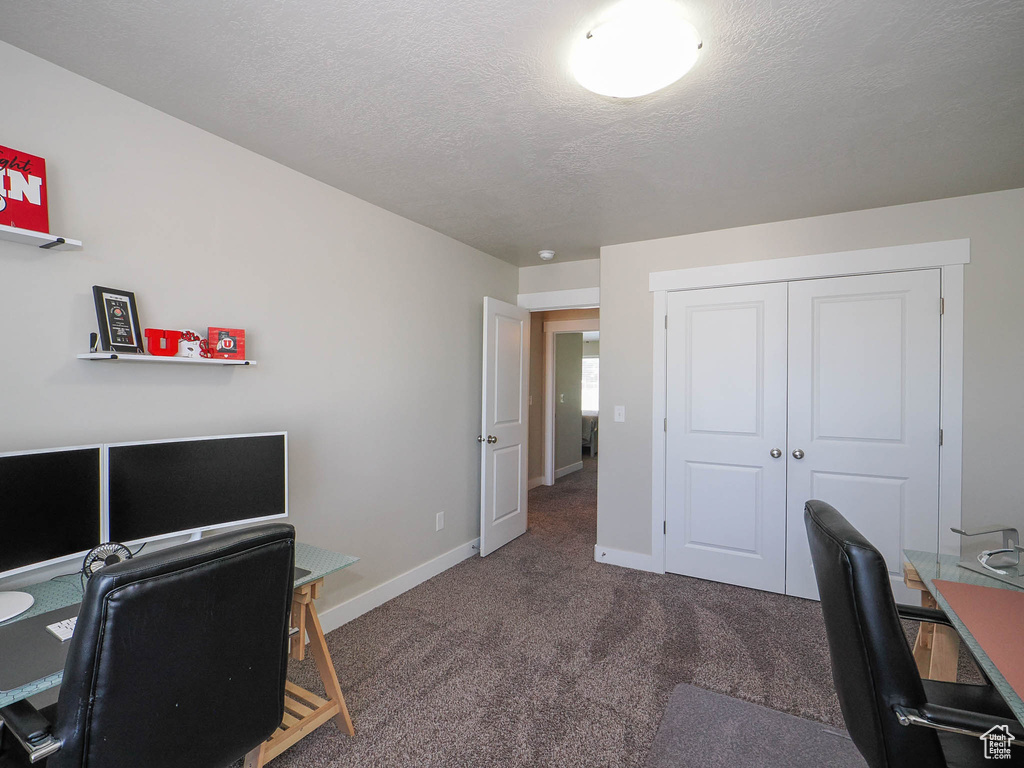 Carpeted office space featuring a textured ceiling