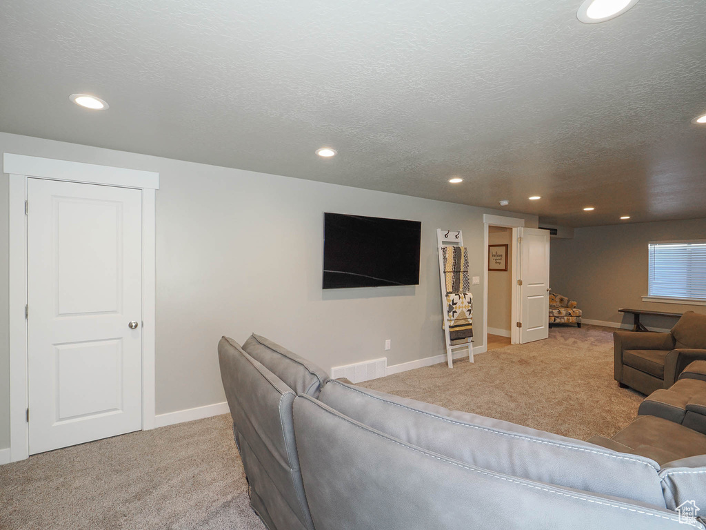 Carpeted living room featuring a textured ceiling