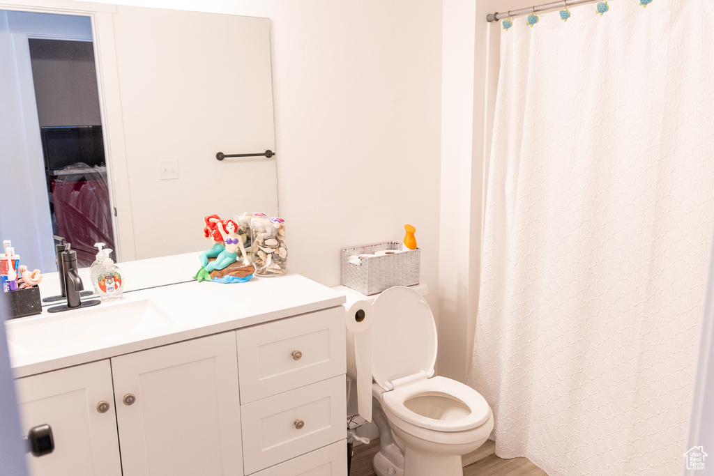 Bathroom with a shower with shower curtain, toilet, hardwood / wood-style flooring, and vanity