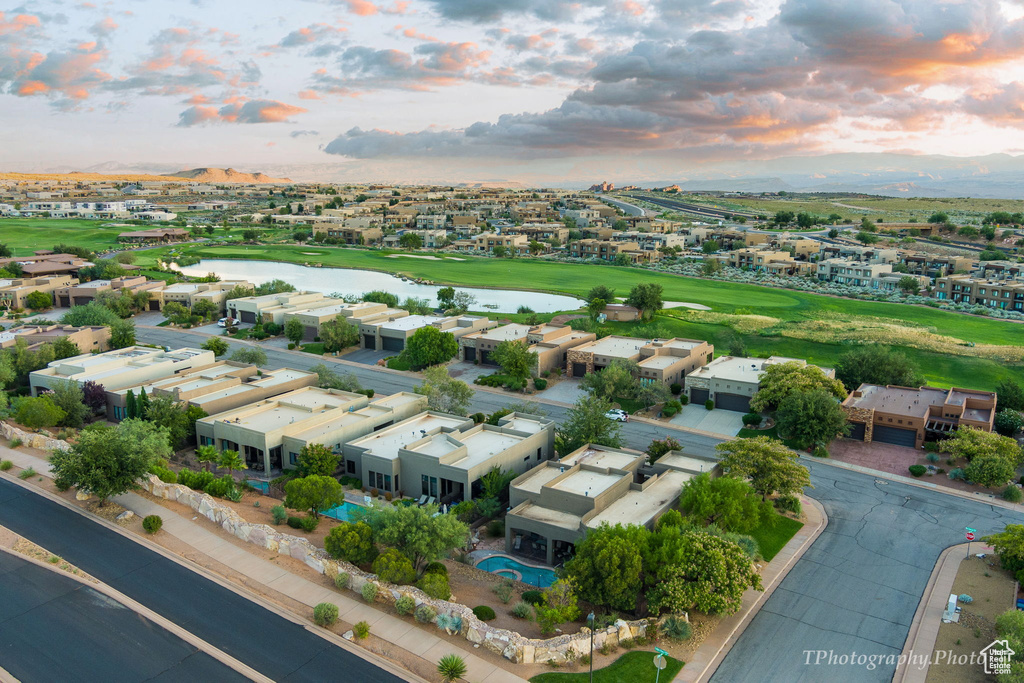 Aerial view at dusk with a water view