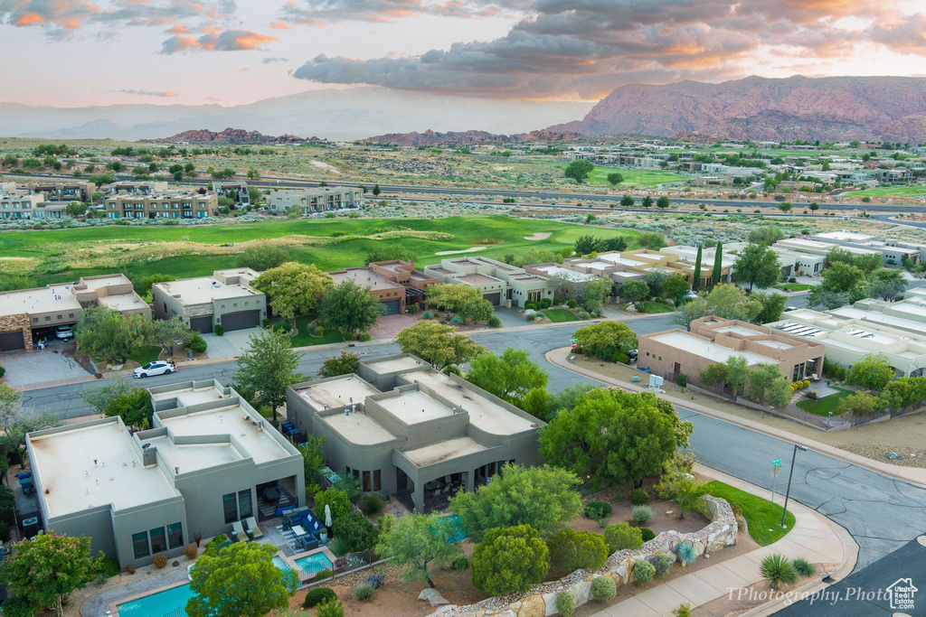 Aerial view at dusk with a mountain view