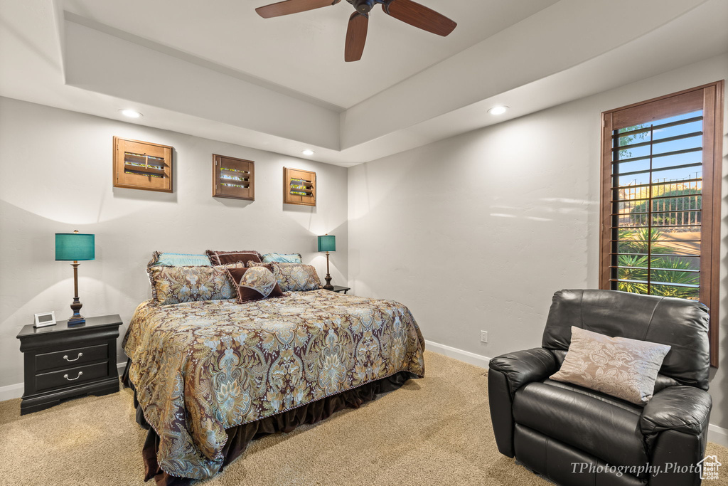 Bedroom with a raised ceiling, ceiling fan, and carpet