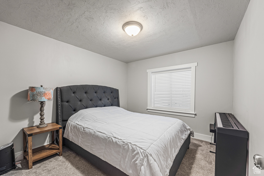 Carpeted bedroom with a textured ceiling