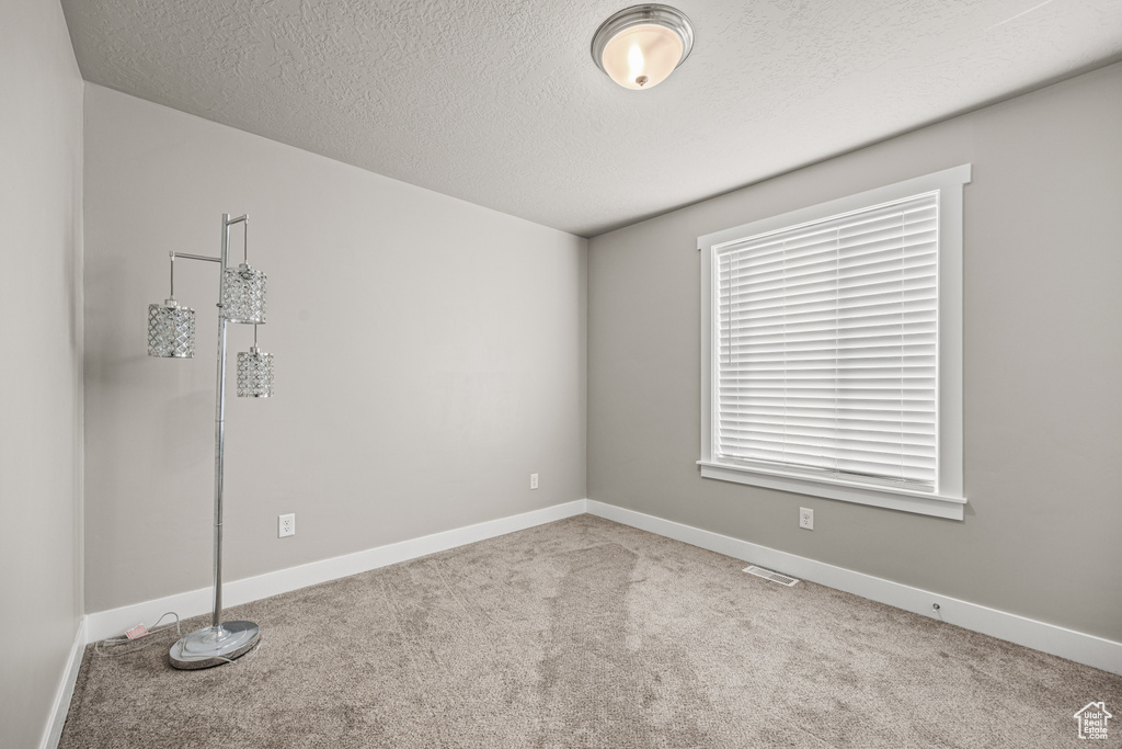 Empty room with carpet and a textured ceiling