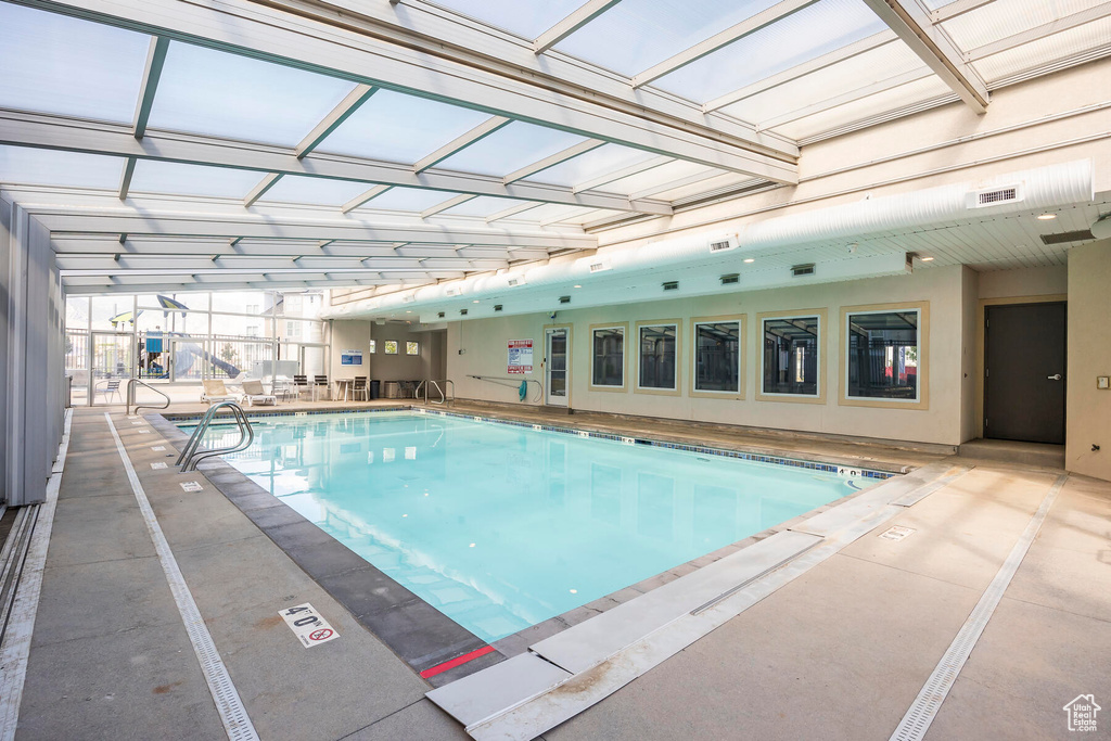 View of swimming pool with a patio