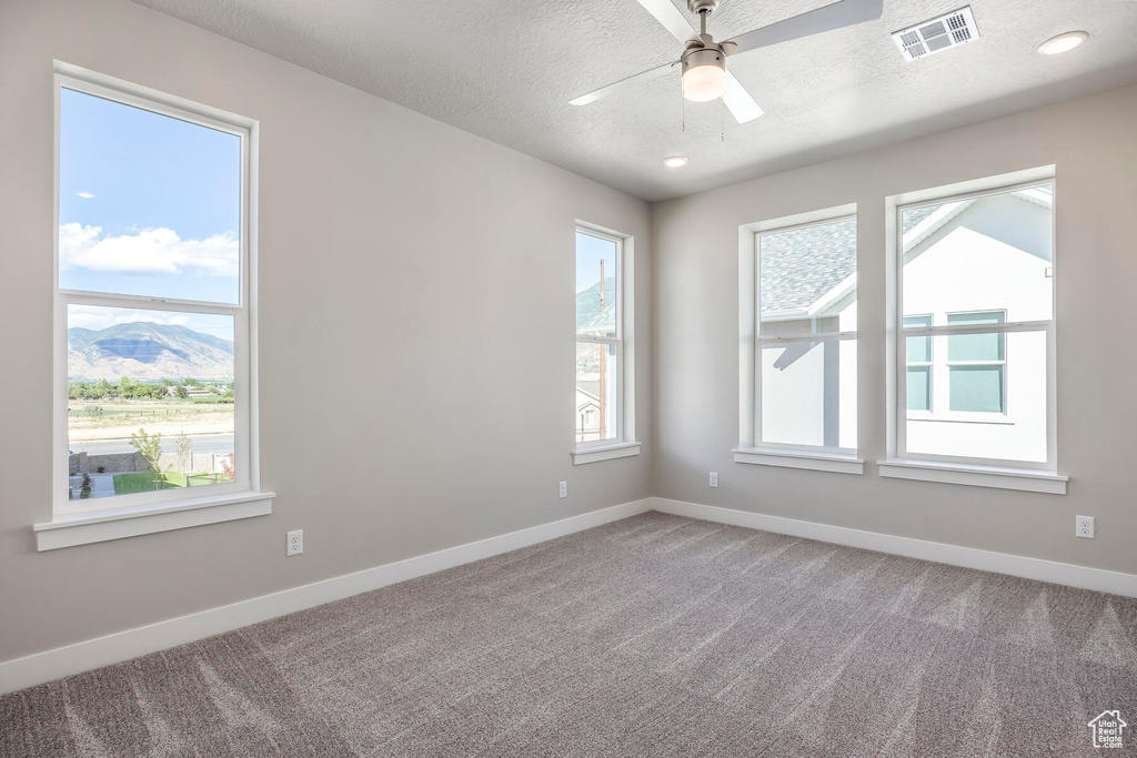 Empty room featuring ceiling fan, a mountain view, a textured ceiling, and carpet floors