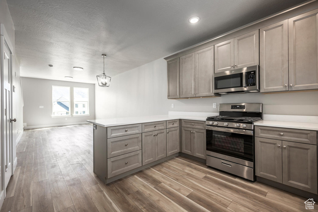 Kitchen with gray cabinetry, hanging light fixtures, appliances with stainless steel finishes, light hardwood / wood-style floors, and kitchen peninsula