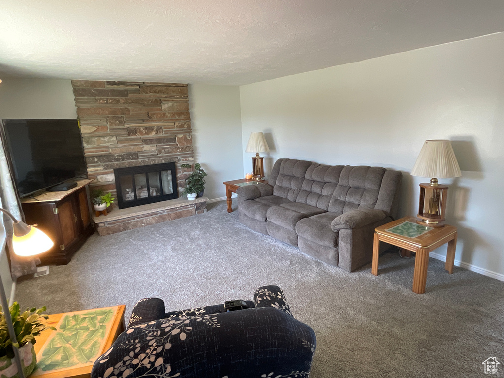 Carpeted living room with a textured ceiling and a stone fireplace